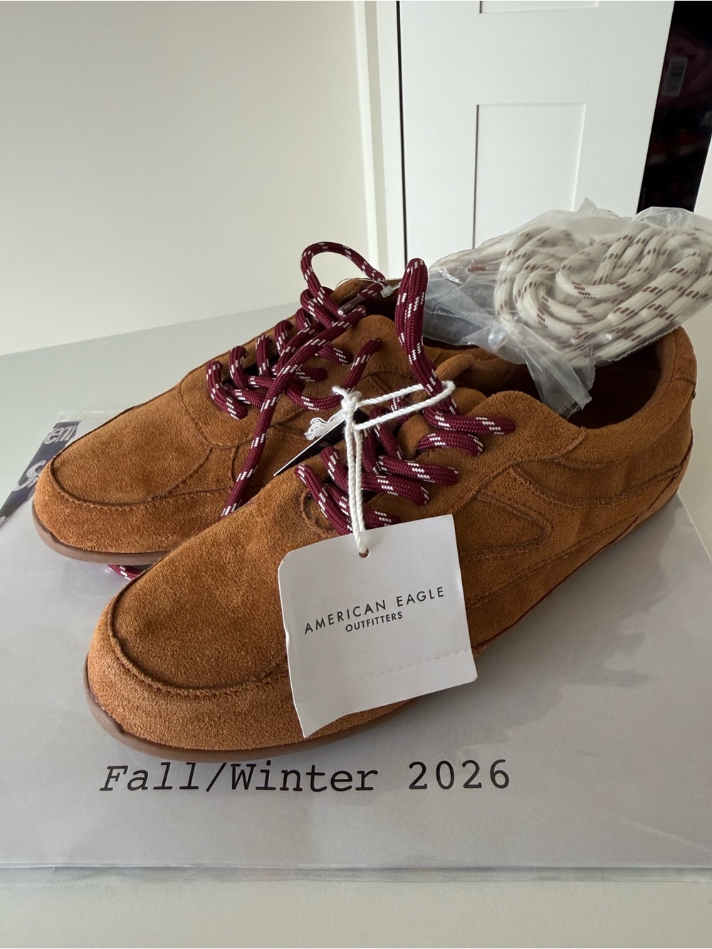 American Eagle Outfitters woman Tan Suede Sneakers with Burgundy Laces
